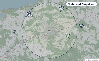 Mapa okolic miasta z sylwetkami samolotów — Niebo nad Słupskiem na żywo