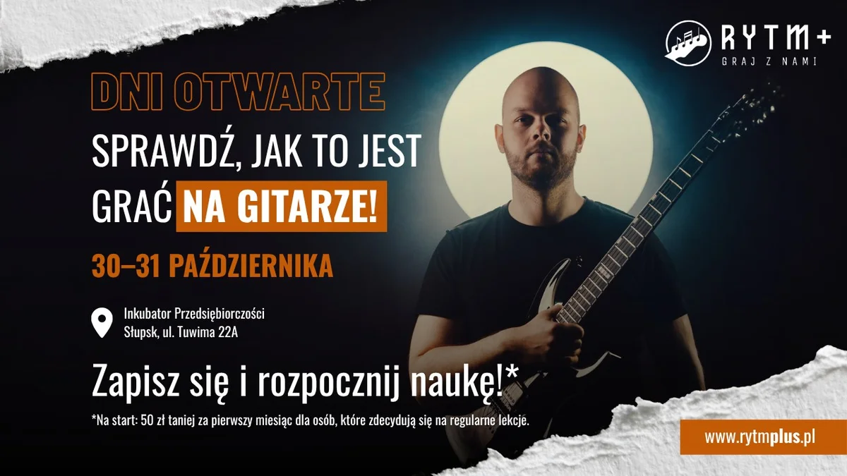 Grafika promocyjna wydarzenia Dni Otwarte Rytm+ w Słupsku: gitara