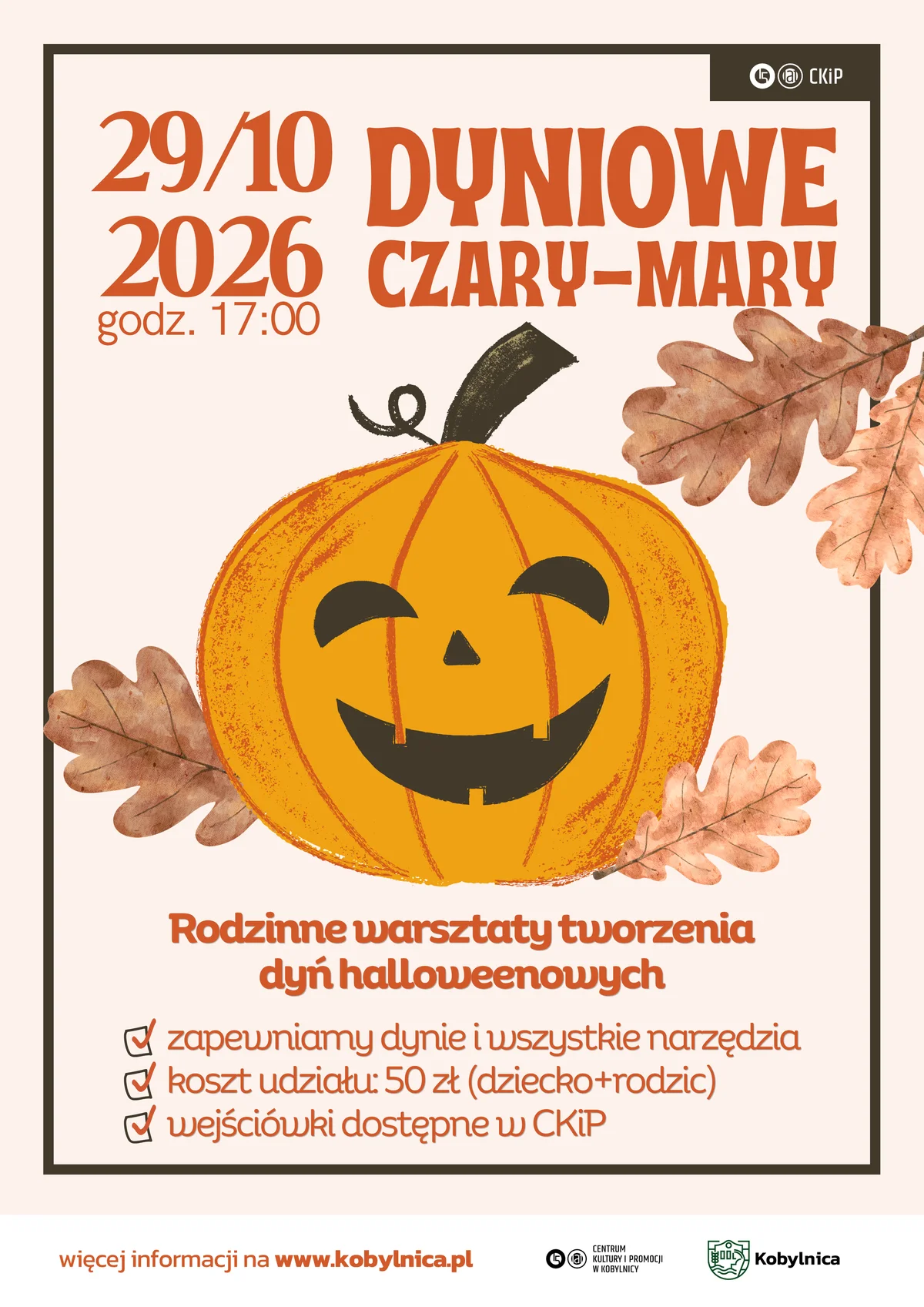 Grafika promocyjna wydarzenia Dyniowe Czary-Mary – rodzinne warsztaty tworzenia dyń halloweenowych