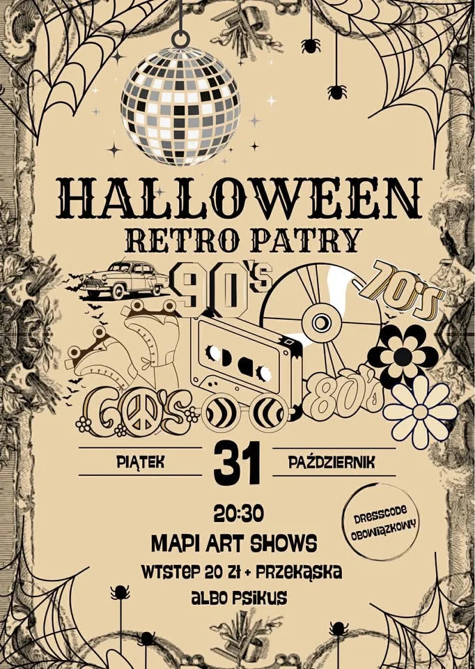Grafika promocyjna wydarzenia Halloween Retro Secret Party! — retro noc disco i halloweenowych psikusów