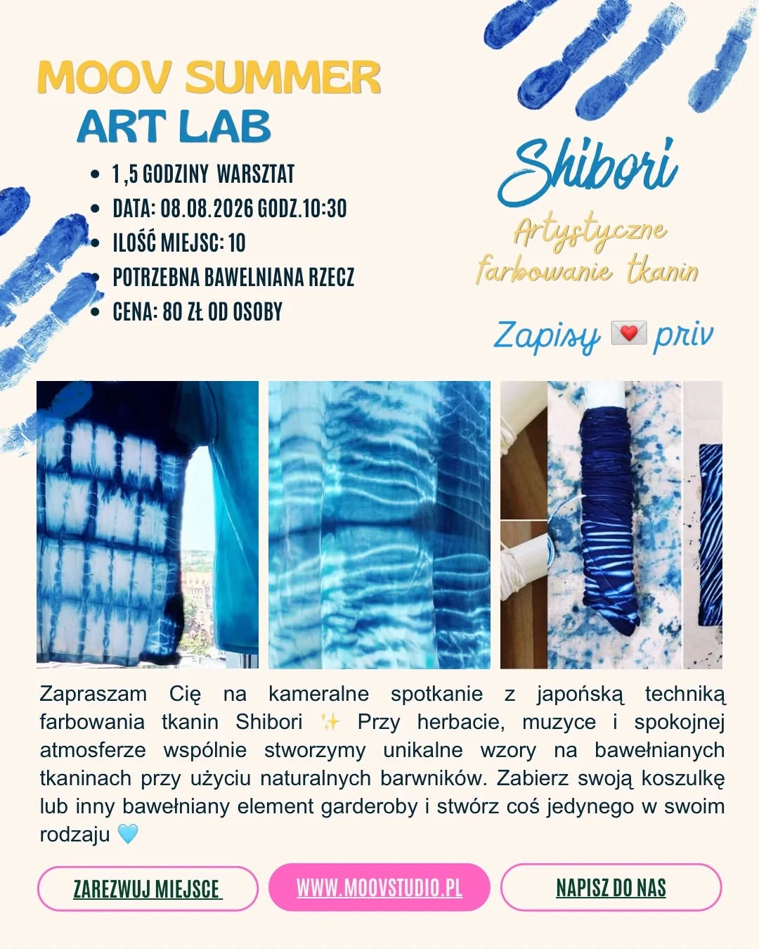 Grafika promocyjna wydarzenia MOOV SUMMER ART LAB | SHIBORI – warsztaty farbowania