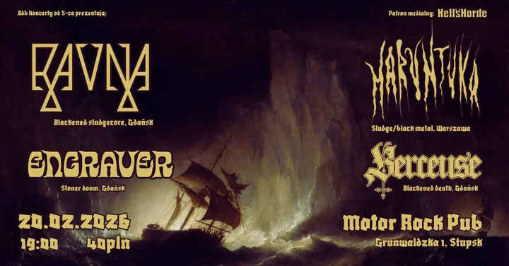 Grafika promocyjna wydarzenia RAVNA, MARUNTUKA, ENGRAVER, BERCEUSE — koncert w Motor Rock Pub, Słupsk