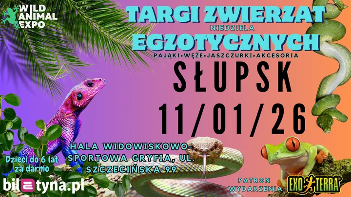 Obrazek przedstawia grafikę promocyjną wydarzenia Targi zwierząt egzotycznych w Słupsku — przegląd atrakcji i informacji praktycznych