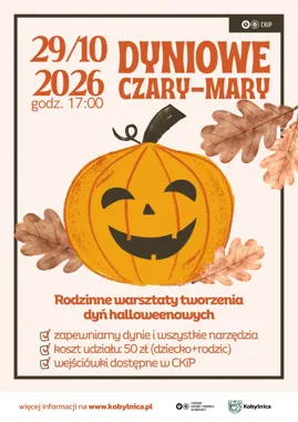Grafika promocyjna wydarzenia Dyniowe Czary-Mary – rodzinne warsztaty tworzenia dyń halloweenowych