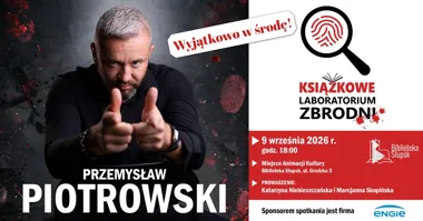 Grafika promocyjna wydarzenia Przemysław Piotrowski w Książkowym Laboratorium Zbrodni – spotkanie autorskie