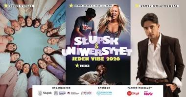 Grafika promocyjna wydarzenia Słupsk & Uniwersytet - Jeden Vibe 2026 w Słupsku. Dwa dni sportu, muzyki i miejskiej energii
