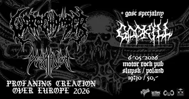 Grafika promocyjna wydarzenia Warp Chamber, Degraved i Godkill w Słupsku. Death metalowy wieczór w Motor Rock Pub