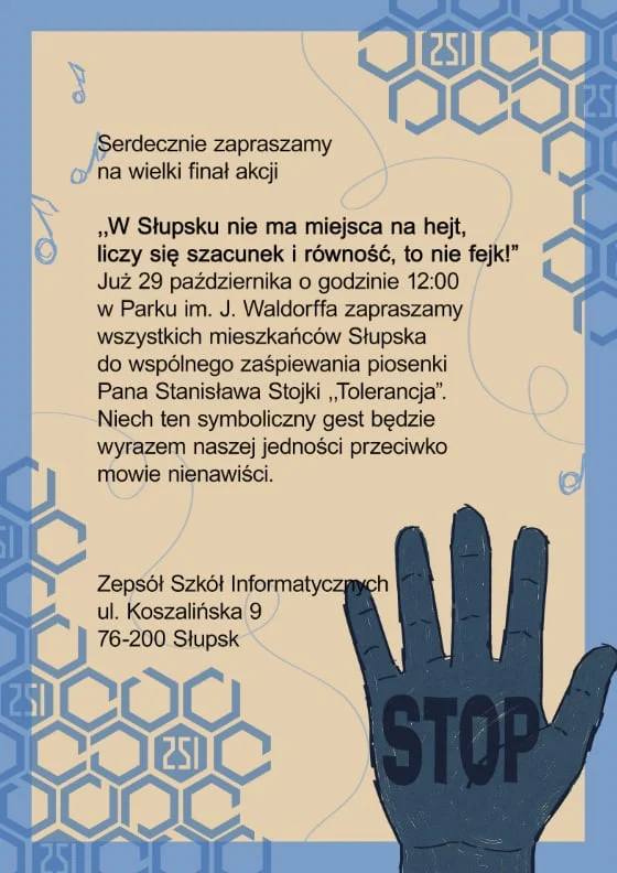 Grafika promocyjna wydarzenia Zaśpiewajmy przeciwko hejtowi — wspólne wykonanie „Tolerancji” w Słupsku