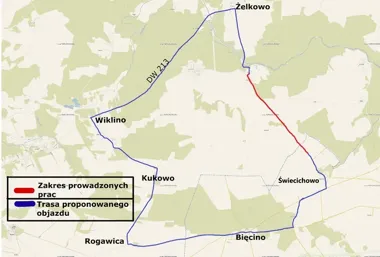 Między Żelkowem a Świecichowem kierowcy trafią na zamknięty odcinek i objazd