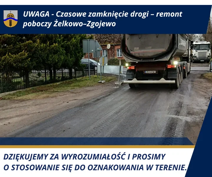 Remont poboczy – droga Żelkowo–Zgojewo będzie czasowo zamknięta