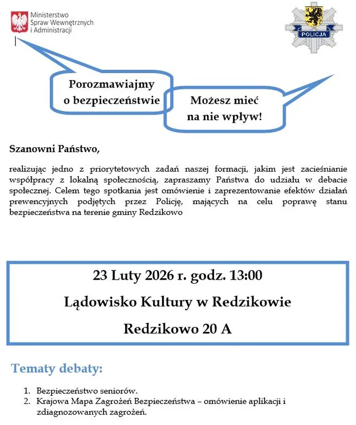 Policja zaprasza na debatę o bezpieczeństwie w Redzikowie - 23 lutego