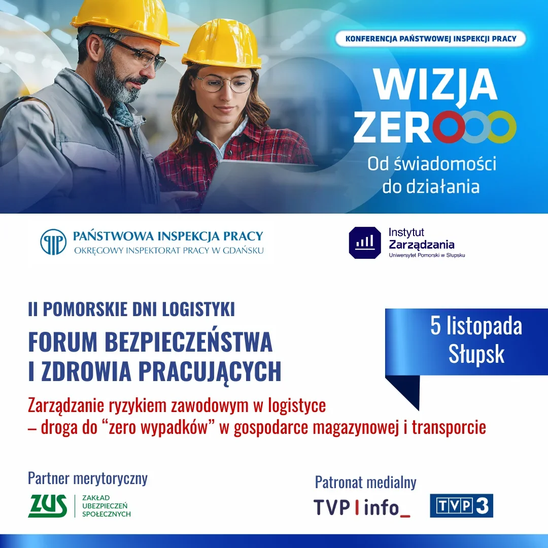 Dwie osoby w żółtych kaskach ochronnych oglądają ekran laptopa w przestrzeni przemysłowej, na plakacie reklamującym konferencję o bezpieczeństwie pracy w logist